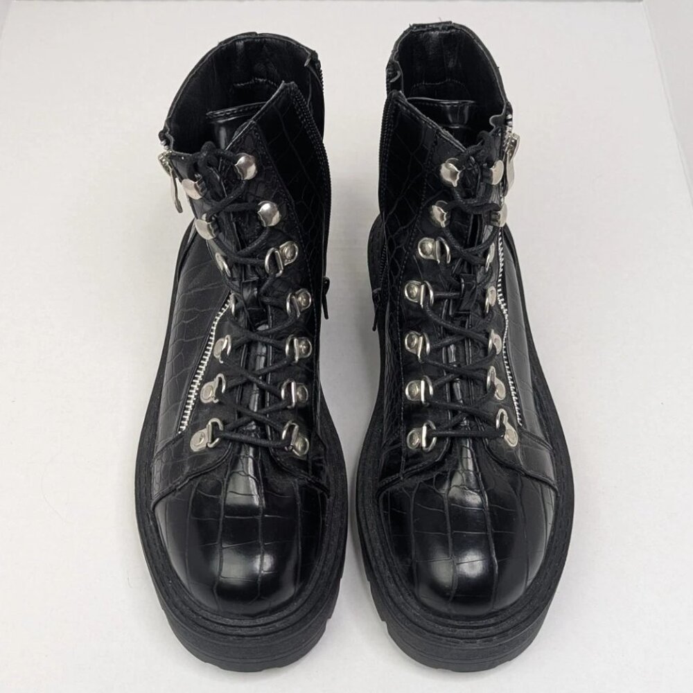 Glamorous Wide Fit Sz 7 Black Chunky Chelsea Boots Croc Print, Zip & Lace-up
